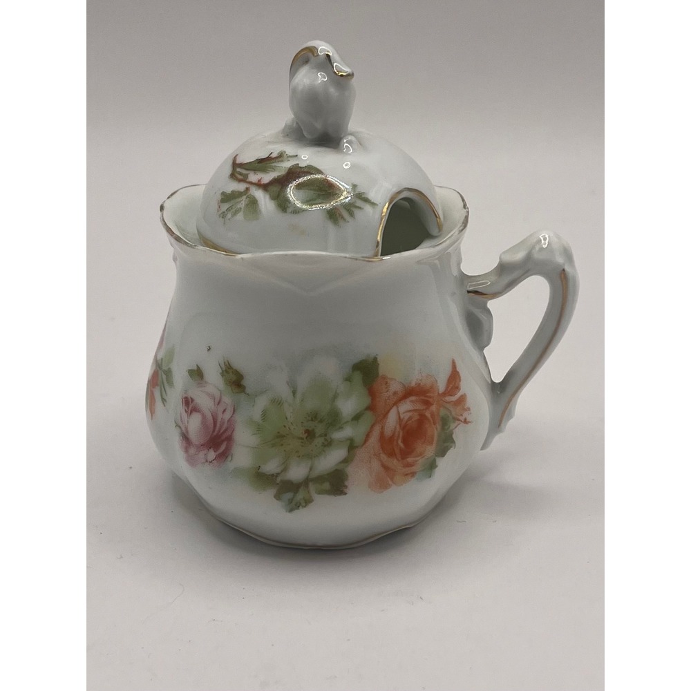 Vintage Germany Porcelain Floral Sugar  Pot with Lid Gold Gilt Trim Rose